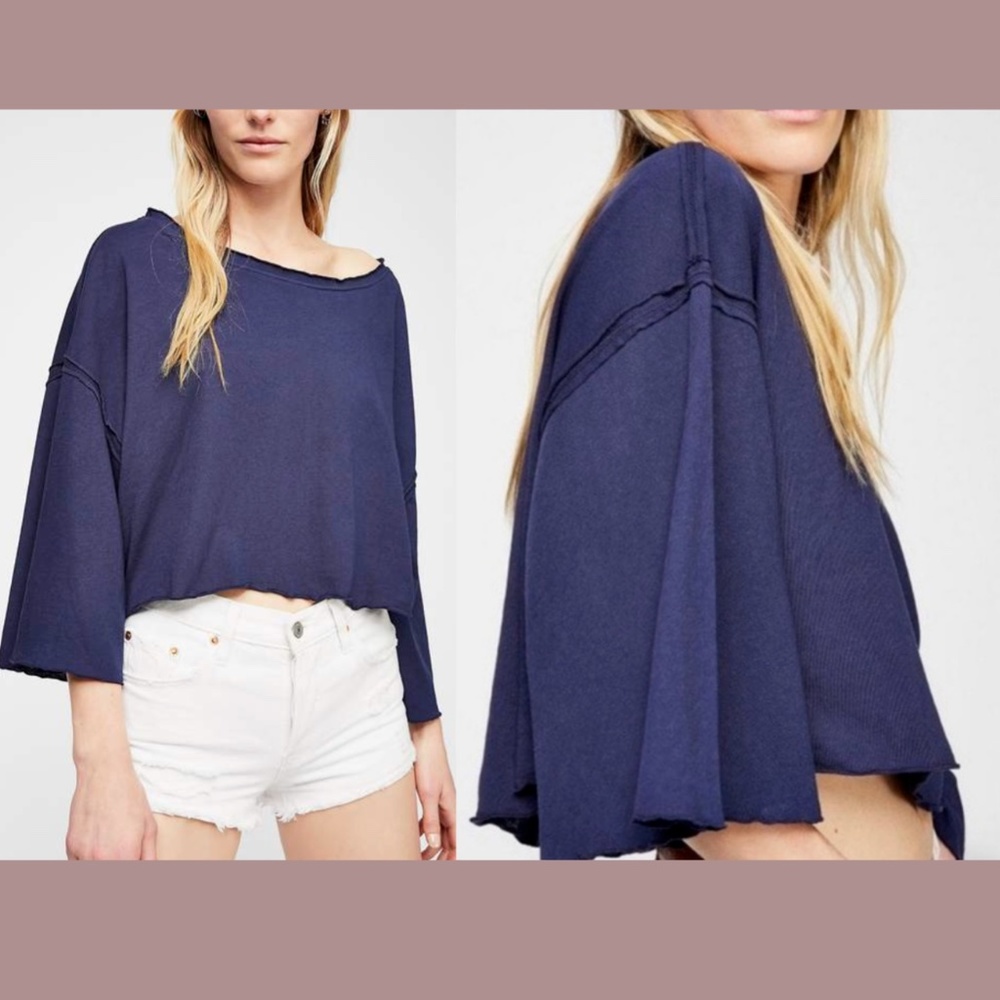 NWT $58 We The Free - Free People [‎ XS ] Bird Gang Tee Top Midnight Surf